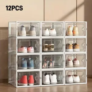 Stackable Transparent Shoe Box with Lid, Waterproof Space-Saving Storage, Foldable Plastic Shoe Rack, 12 Pieces, Ideal for Home, Bedroom, Dorm