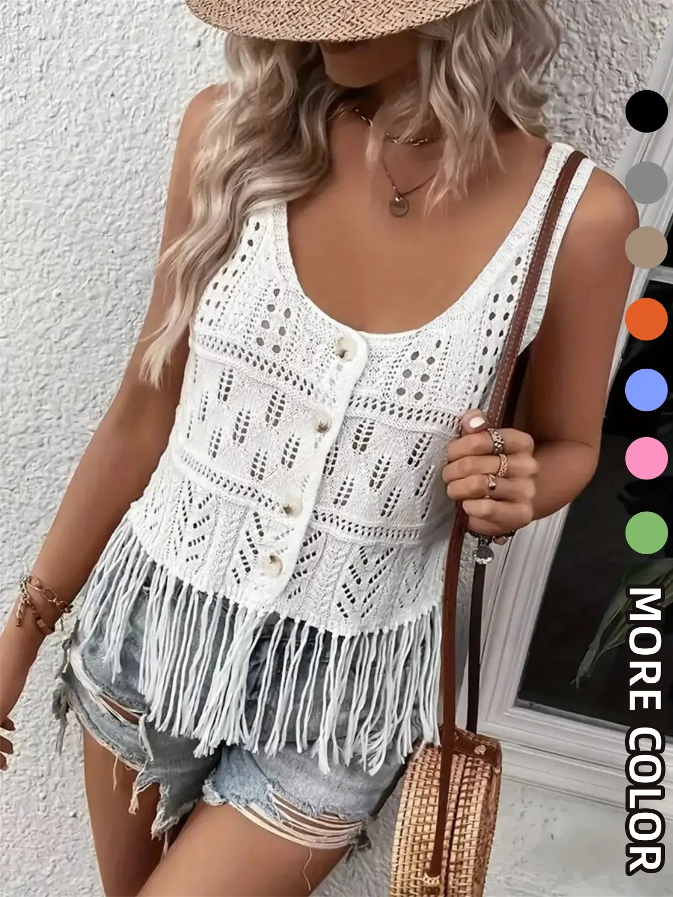 Women's Short Cropped Tassel Fringe Cardigan, Summer Fall Knit Vest, Elegant Casual Beach Vacation Top, Fitted Half-Transparent Sweater