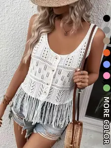 Women's Short Cropped Tassel Fringe Cardigan, Summer Fall Knit Vest, Elegant Casual Beach Vacation Top, Fitted Half-Transparent Sweater