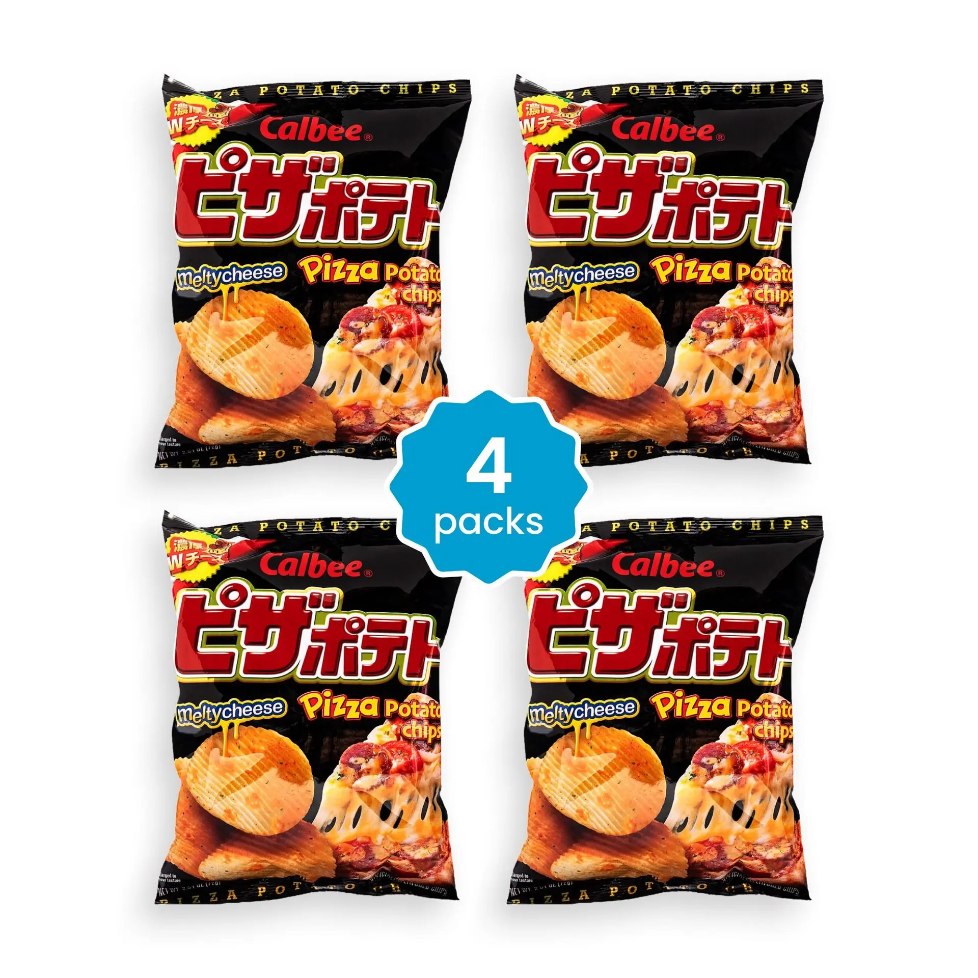 Calbee Crunchy Crispy Potato Chips - Pizza Flavor with Melty Cheese, 4 Bite-Sized Snack Packs (72g x 4), Food & Beverage Snack