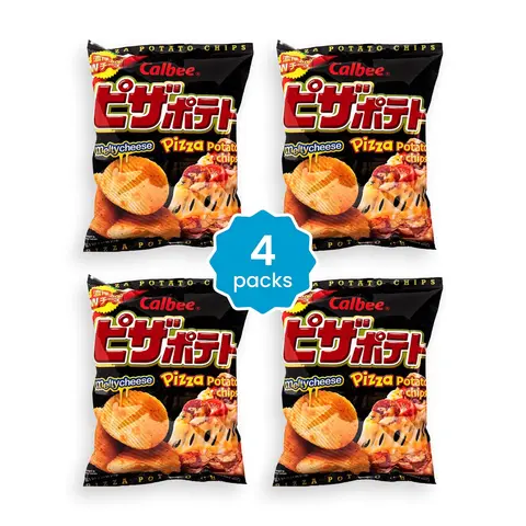 Calbee Crunchy Crispy Potato Chips - Pizza Flavor with Melty Cheese, 4 Bite-Sized Snack Packs (72g x 4), Food & Beverage Snack