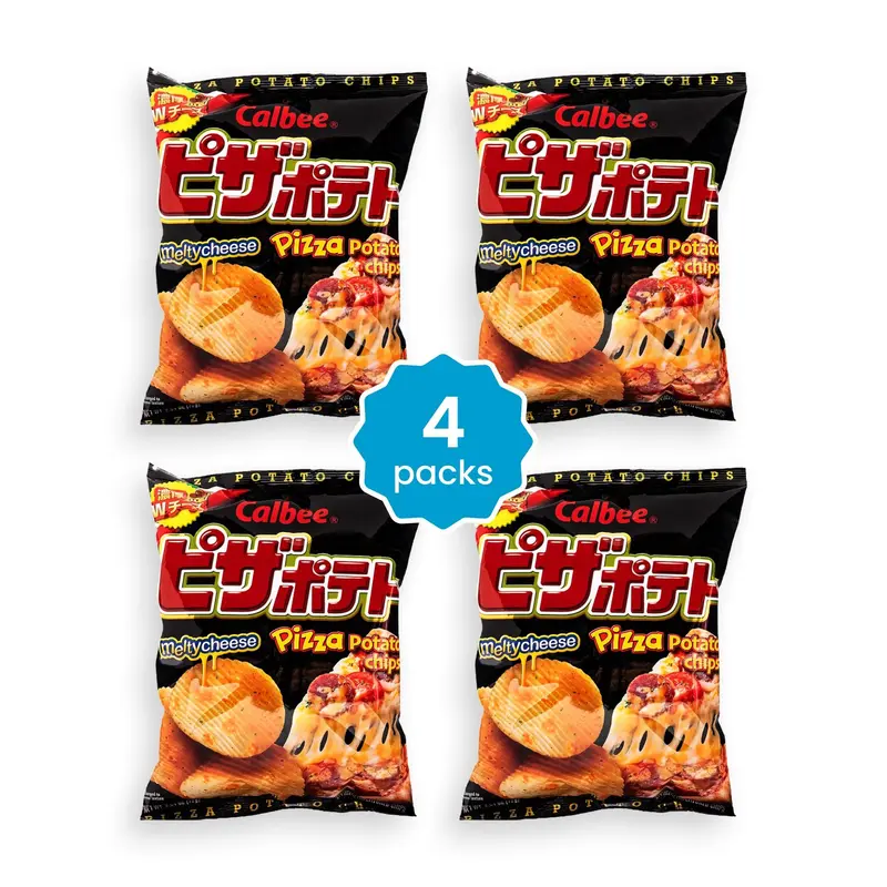 Calbee Crunchy Crispy Potato Chips - Pizza Flavor with Melty Cheese, 4 Bite-Sized Snack Packs (72g x 4), Food & Beverage Snack
