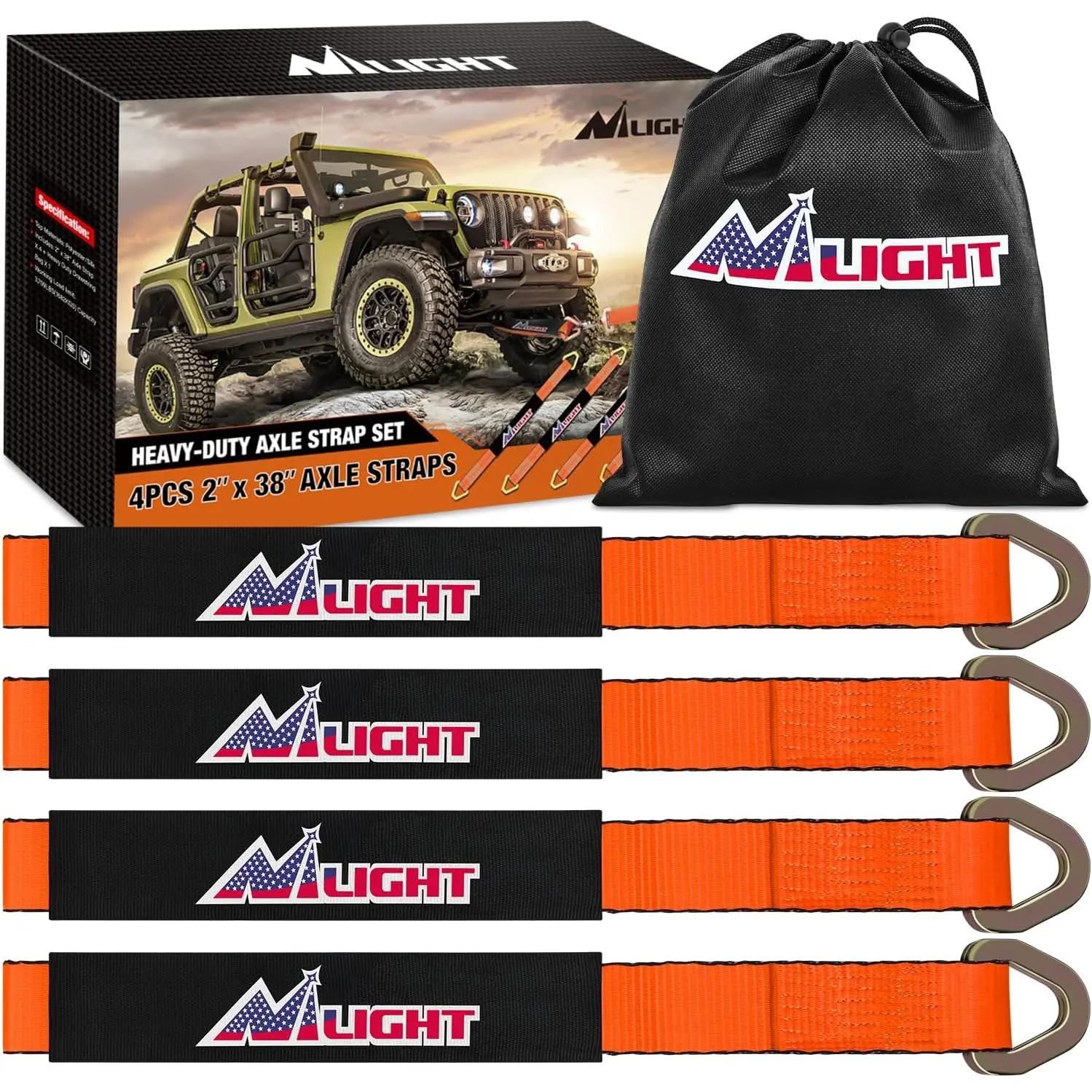 Nilight 4PCS 2"x38" Polyester High-Strength Car Recovery Straps with Protective Sleeve, Carbon Steel D-Ring & Draw String Bag, 11127lbs Lab-Tested Break Strength, Easy Axle Securing Load-Bearing Vehicle Straps