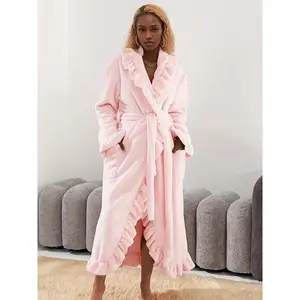 Elegant Ladies Long Sleeve Bathrobe, French Terry Warm Bathrobe with Pockets, Thick Fit Home Wear for Autumn and Winter