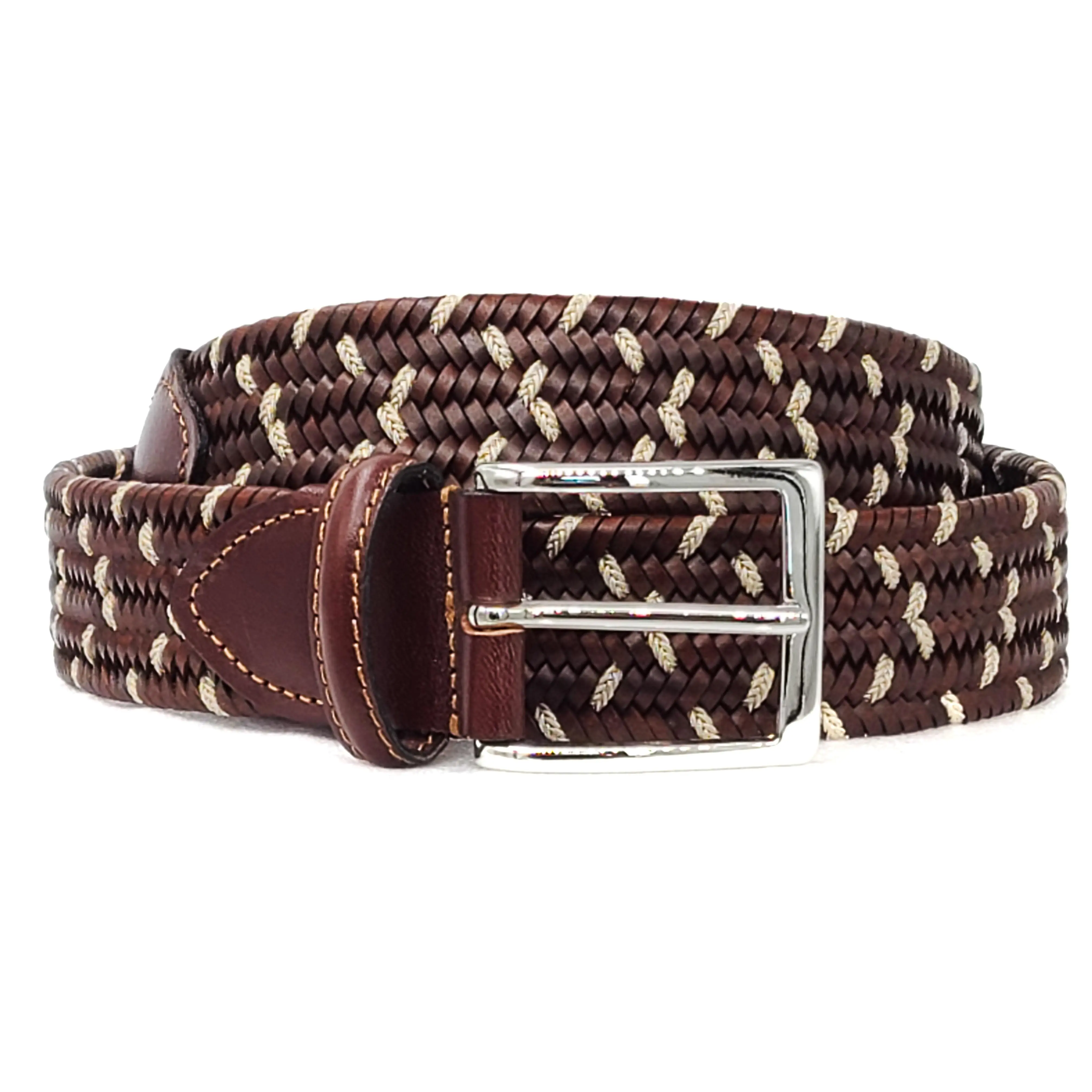 THE OAKS - Vegetable Dyed Recycled Leather Belt | Crisscross Rayon Thread Design | Cognac Brown Tan | Stretch No Holes | Solid Brass Buckle