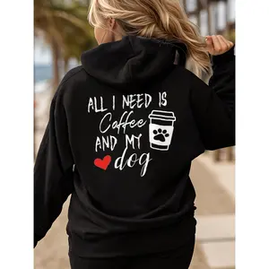Funny Dog Mom Hoodie - "All I Need is Coffee & My Dog" Graphic Hooded Sweatshirt with Red Heart & Paw Print - Women's Casual Long Sleeve Black Hoodie - Machine Washable Dog Lover Gift for Pet Lover Apparel | Dog Lover Outfit | Womenswear Tops Crewneck