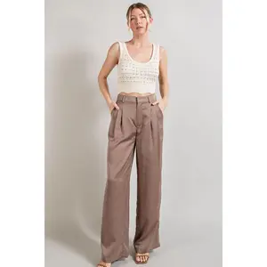 High Waist Coco Khaki Straight Leg Satin Pleated Pants