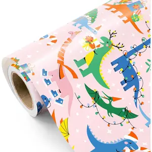 Dinosaur Christmas Wrapping Paper - Mini Roll - 17 Inch x 16.5Feet - Funny Cartoon Dinosaur Wrapping Paper for Christmas, Holiday, Party Celebration