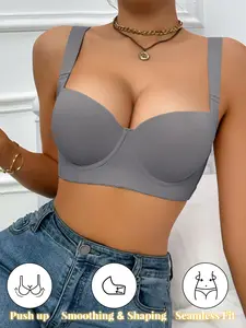 Women's Elegant Solid Color Push-Up Bra, Removable Pads, Steel Ring Medium Support, Breathable Fabric, Smooth, Casual Daily Wear