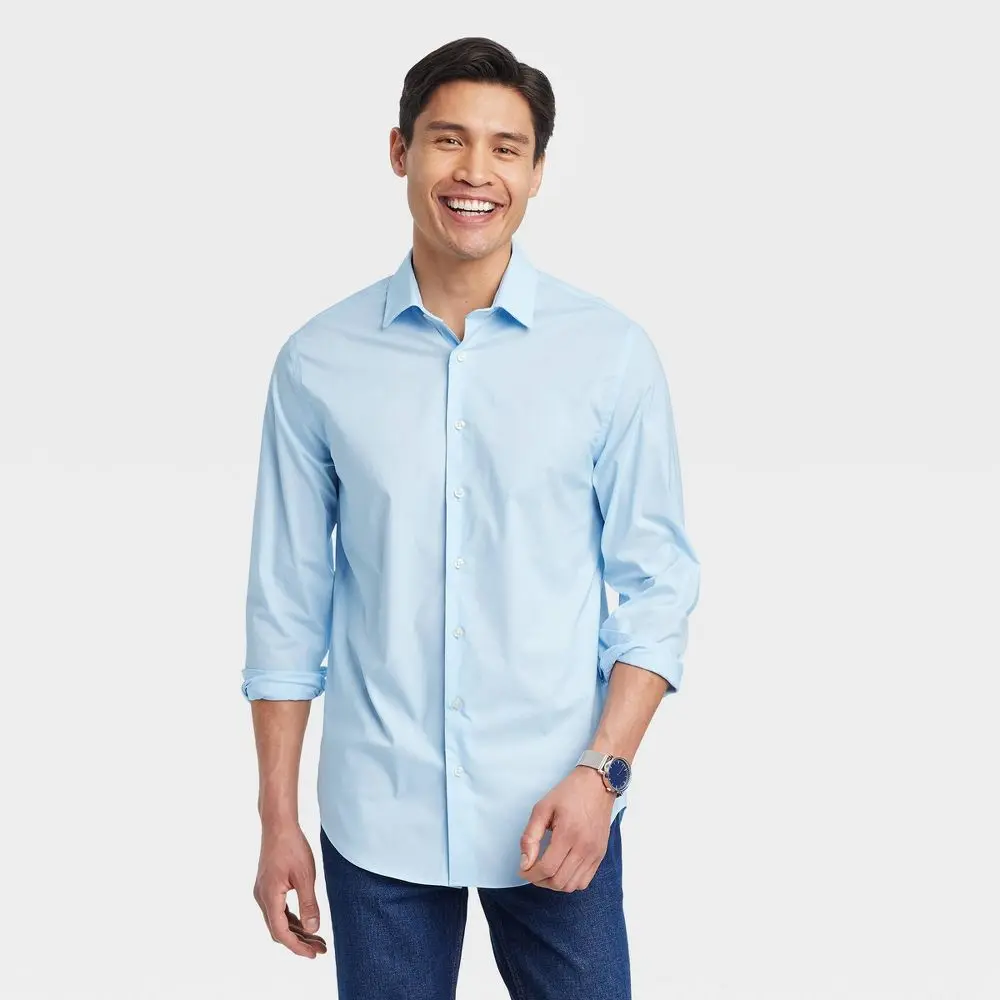 Men's Performance Long Sleeve Button-Down Dress Shirt - Goodfellow & Co Blue L