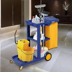 Commercial Traditional Cleaning 3-Shelf Janitorial Cart, 500 Lbs Capacity Housekeeping Cart, Wheeled with Yellow VinylBag and Cover w Lid