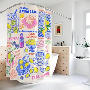 Hand Drawn Doodle Shower Curtain Brunch Shower Curtain Unique Bathroom Decor Housewarming Farmer's Market Lemon Tea Pizza Cake Flower Drink
