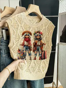 Women's Bohemian Style Shopping Sister Print Knit Vest, Round Neck Sleeveless Sweater, Casual Breathable Colorblock Top for All Seasons Womenswear