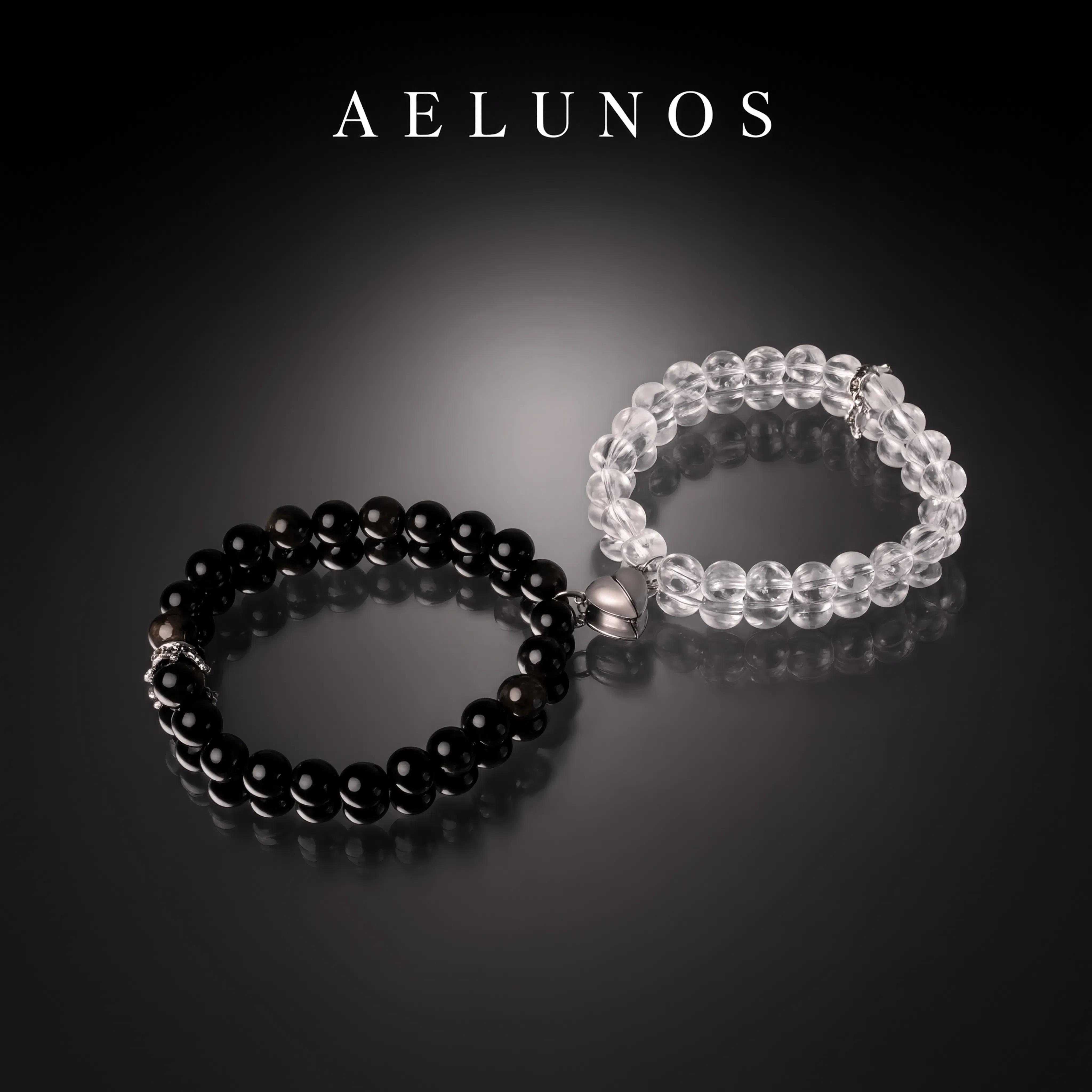 AELUNOS 2-Piece Glowing Couple Bracelet Set with Clear Quartz and Silver Obsidian Beads, Glow-in-the-Dark Magnetic Crown and Heart Charms, Love & Freedom Matching Jewelry for Women and Men, Daily Wear Gift for Couples, Friends and Girlfriends, Matching Se