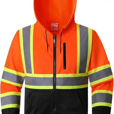 Safety Sweatshirts Class 3 High Visibility  Reflective Men Hooded Fleece Sweatshirt with Zipper Hi Vis Zip Hoodie with Black Bottom and Pockets