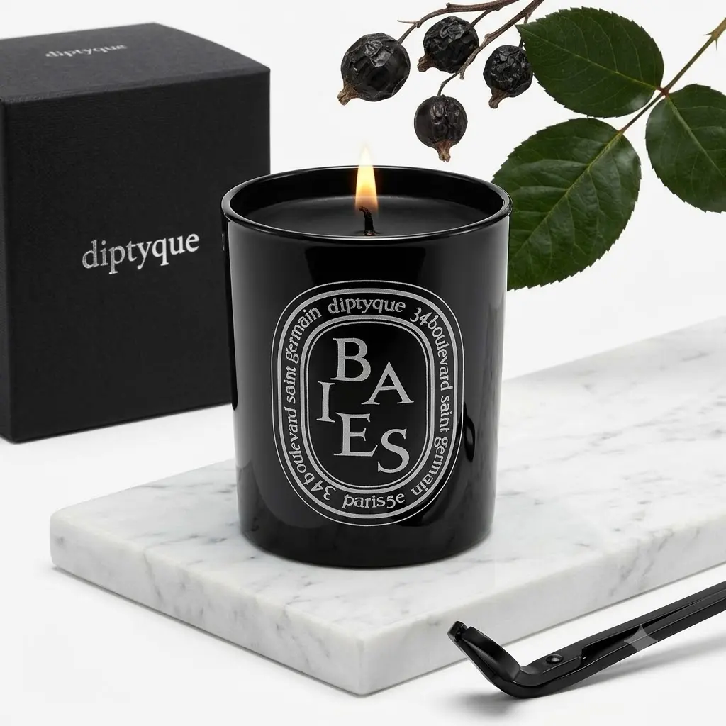 Diptyque Baies Scented Candle 10.2 oz – Luxury Black Glass, Elegant Floral & Fruity Scent, Up to 75-Hour Burn, Home Decor