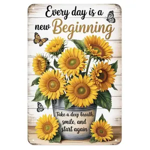 Sunflowers Butterflies Inspirational Quote Tin Sign Vintage New Beginning Rustic Metal Sign for Garden & Yard Bar, Porch, Garage Home Decor 8 X 12 In, Easy to Hang