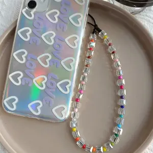 Transparent Crystal Phone Chain, Rainbow Glass Beaded Handmade Strap, Sparkling Square Candy Design, Perfect Accessory for Phones