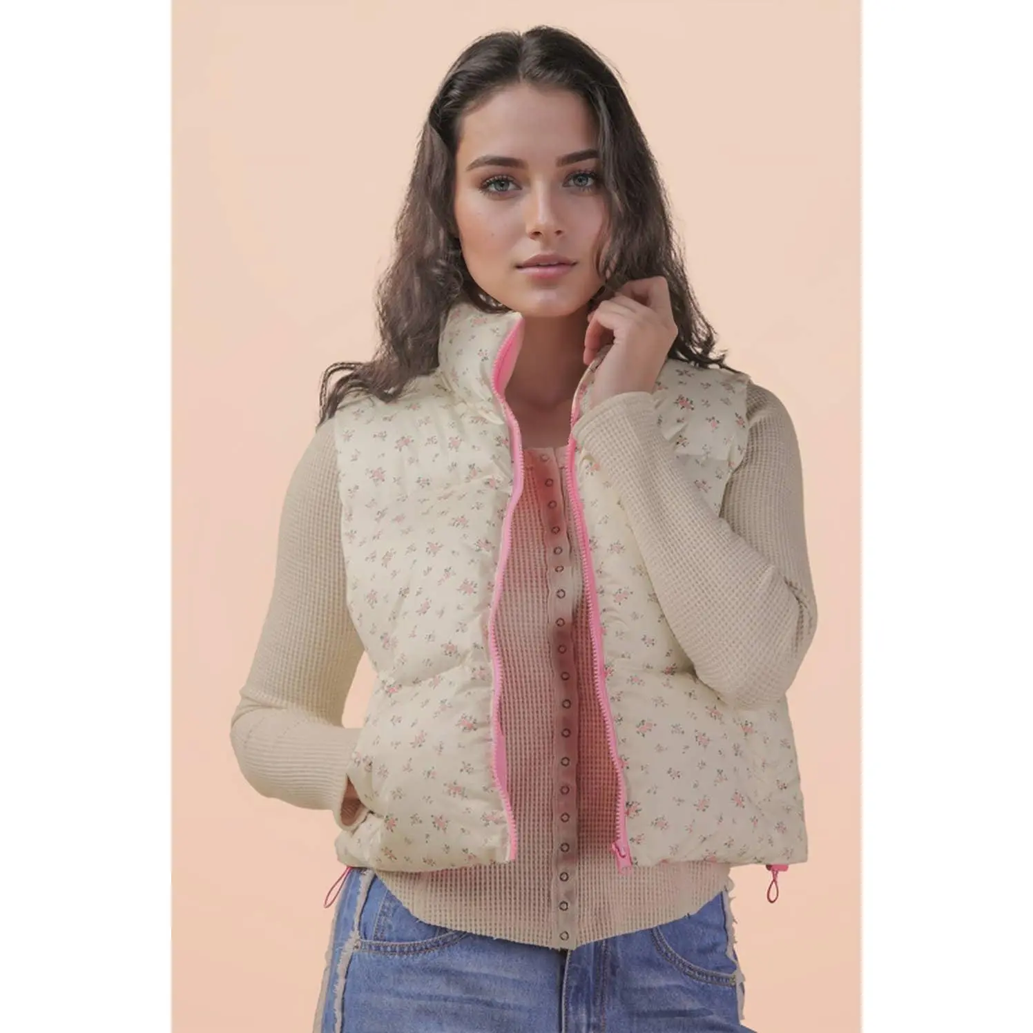 Floral Printed Cropped Puffer Vest