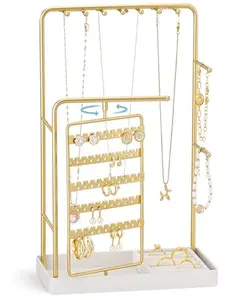 ProCase Jewelry Stand Holder Organizer, Jewelry Display Storage with Ring Tray, No-Assembly Needed, Rotating Earring Bracelet Necklace Holder, Christmas Gifts Room Dorm Decor for Teen Girls -Gold