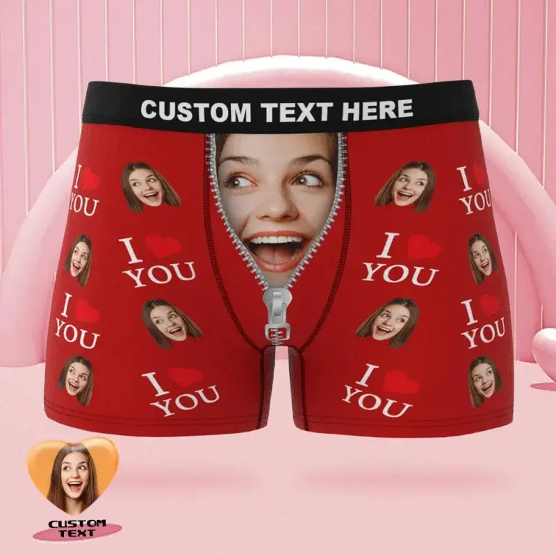 Personalized Face Naughty Boxer Briefs with Heart for Men – Funny Valentine Gift, Custom Photo Underwear from Girlfriend or Wife, Men Underwear Gift Idea
