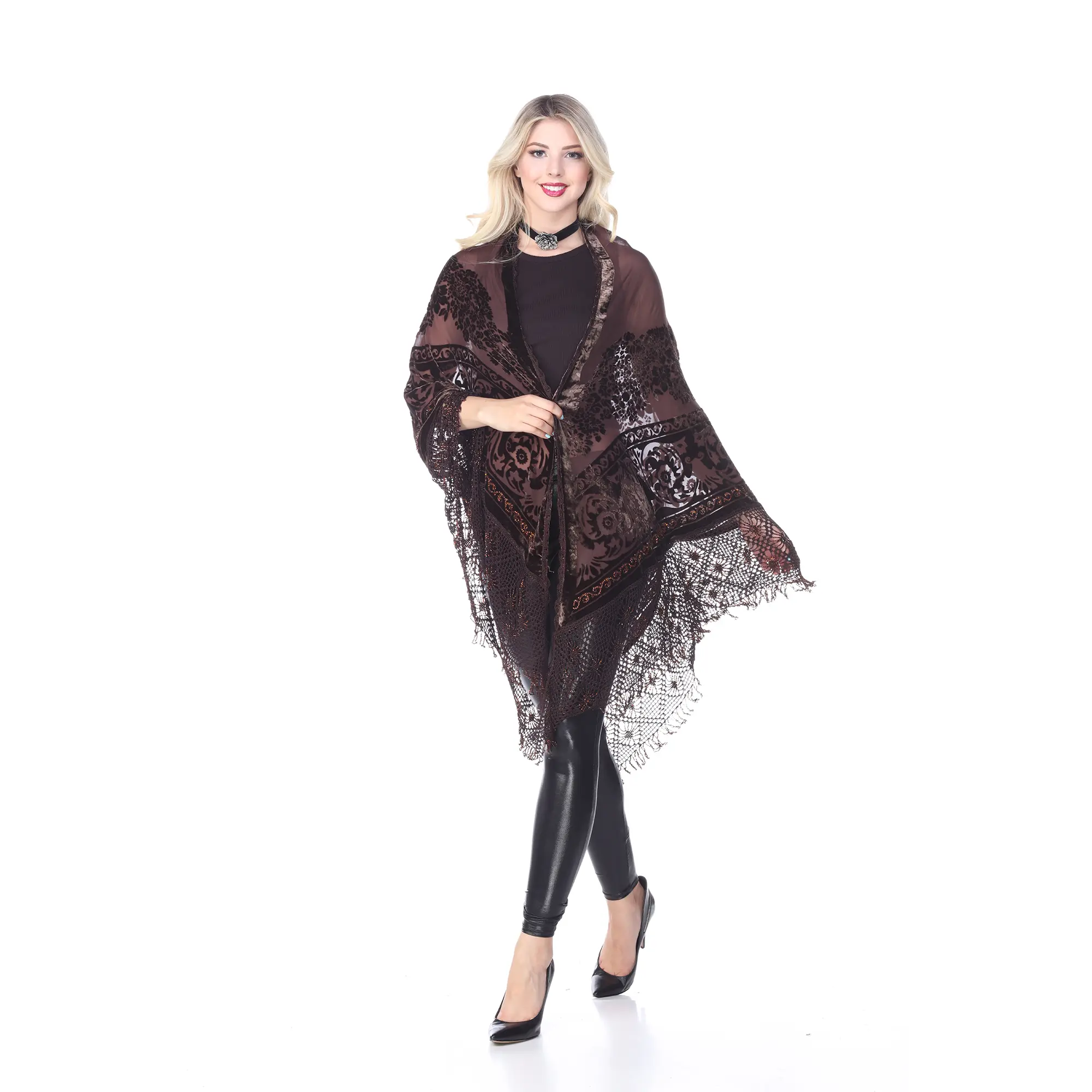Aris A 100% Silk Velvet Burnout with Hand Beaded Open Poncho in Elegant Brown/Lilac