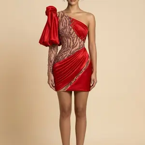 Glimmer Black Dresses for Teenagers One Shoulder Lace Pleated Wedding dresses for parties Robes De Soiree Customized