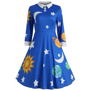 Womens Halloween Costume Cute Miss Frizzle Dress Peter Pan Collar Space Planet Dresses