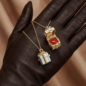 Openable Gift Box Locket Necklace with Red Enamel Heart | Women's Jewelry | Fashion | Exquisite Gifts | Festival & Birthday Gifts