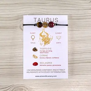 Taurus Zodiac Bracelet with Adjustable Sliding Knot and Affirmation