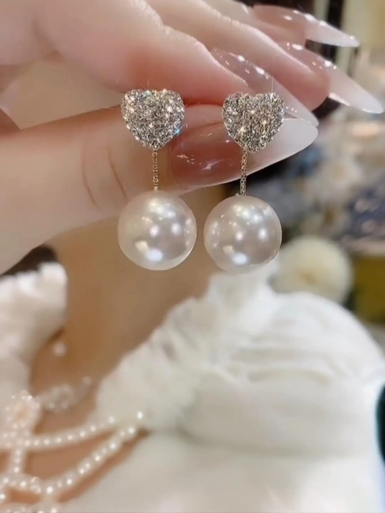 Summer Elegant Heart Shape Rhinestone Earrings for Party Style, Round Faux Pearls Dangle Earrings, Holiday Birthday Jewelry Gifts for Women Girls, Val