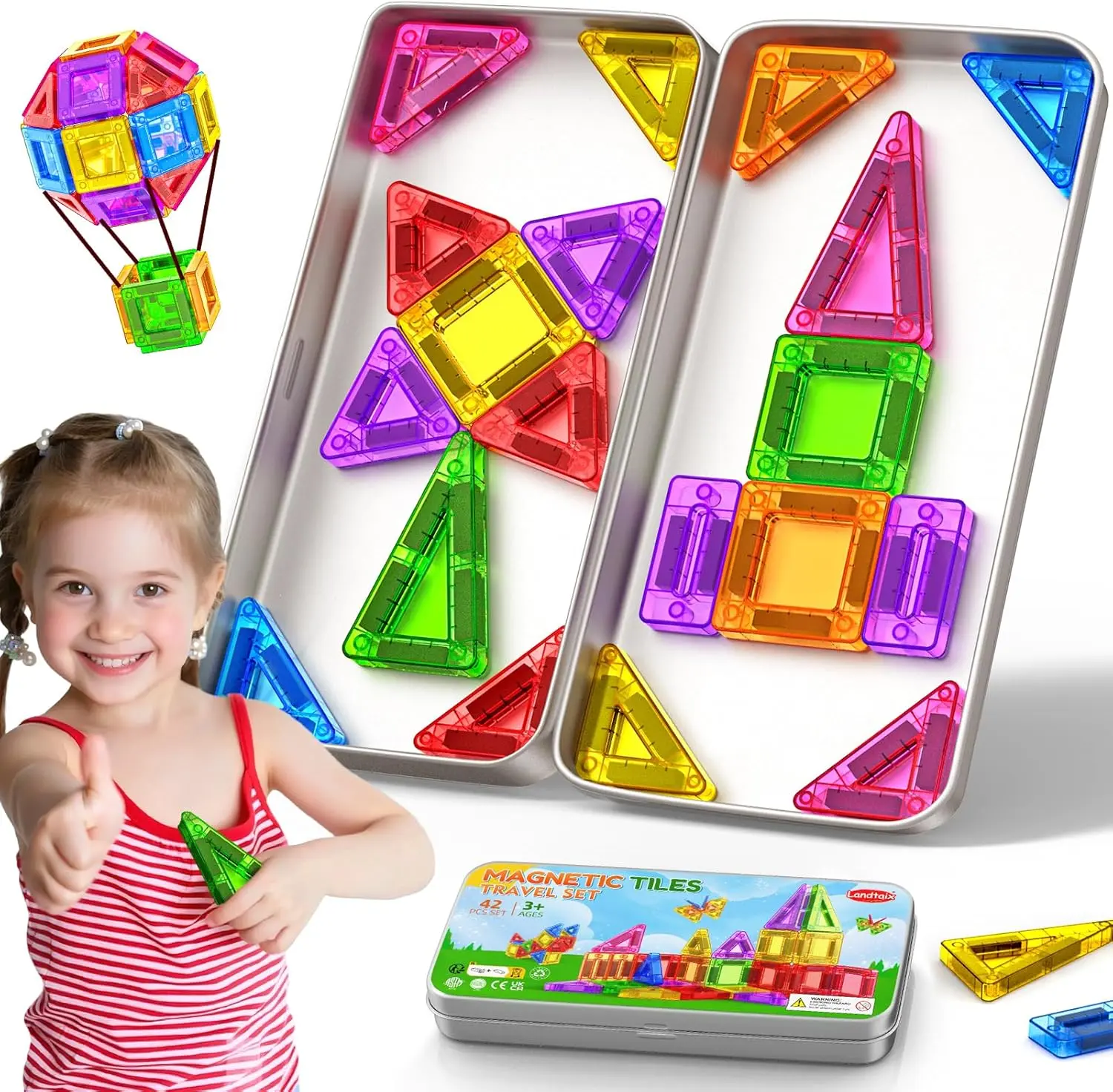 42-Pcs Mini Travel Glitter Diamond Magnetic Construction Set with Storage Box - STEM Magnetic Blocks, Sensory Preschool Educational Toy for 3-4 Years Toddlers, Children Development Gift