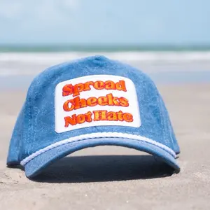 Spread Cheeks Not Hate Funny Vintage Style Trucker Snapback Hat Blue Denim Design