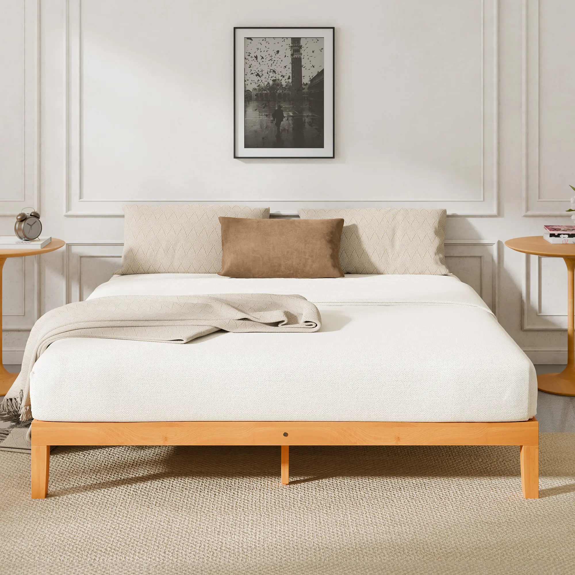 Sweetcrispy Strong Rectangular Solid Pine Wood Bed Frame - 12in Natural Finish Neutral Platform, Multi-Size Fits Mattress Foundation with Support Slats, Modern Design, Modern Home Decor, No Box Spring Needed, Easy Assembly, Includes Video