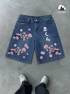 Men's Japanese Cherry Blossom Print Cotton Denim Shorts, Loose-Fit Straight Leg, Casual Streetwear, Harajuku Style, Daily Wear