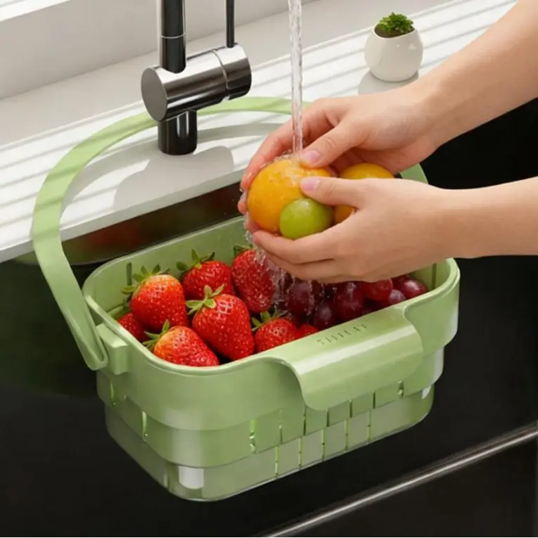 Foldable Hanging Sink Drain Basket, Removable Separated Filter Strainer, Expandable Over Sink Food Catcher Basket, Space Saving Kitchen Sink Organizer for Vegetable Fruit Washing, Food Residue Filter