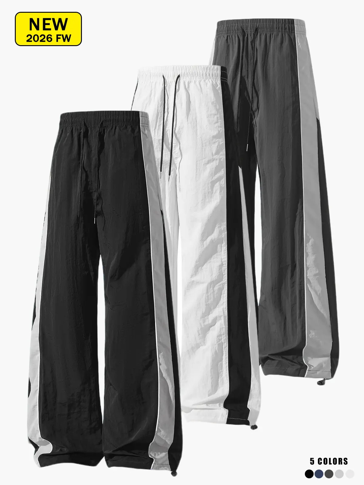 Men’s color-block straight-leg athletic pants with elastic drawstring waist, adjustable cuffs, loose streetwear hip-hop casual long pants