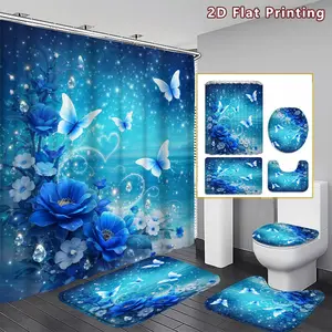 4PCS Blue Butterfly and Flower Shower Curtain set, Bathroom Decor, Accessories with Bath Mat, U-shaped Mat, Toilet Lid Cover, 12 Hooks 180x180cm, Home Decor, Bathroom Decoration Accessories