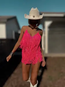 Pink Iridescent Fringe Bodysuit - Festival Outfit Space - Cheeky Sequin Fringe Pants Outfit - Bachelorette Party Outfit