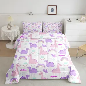 Cartoon Dino Designer Comforter Set,Pink Purple Dinosaur Luxury Bedding Set,Cute Rainbow Jungle Dino Comforter,Wildlife Duvet Set