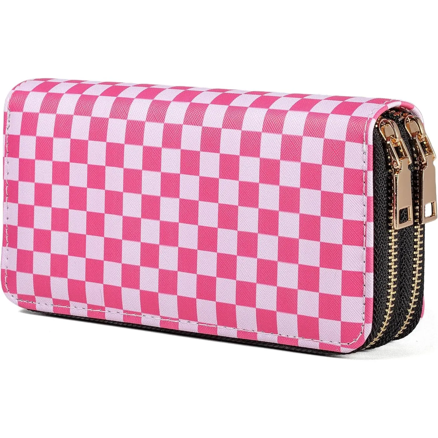Checkered Wallets for Women Cute Large Capacity Pink Female Plaid Purse 2 Zippers Credit Card Holder