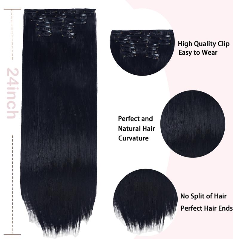 Black Clip in Hair Extensions 6PCS Straight Invisible 24inch Long Synthetic Thick Clips on Hairpieces for Women Girls Natural Full Head Party Daily Use 6OZ