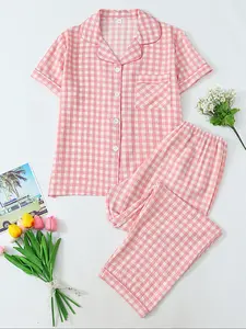 Women's Two-Piece Pajama Set, Casual Comfortable Fitted Lapel Pocket Shirt Short Sleeve + Elastic Waist Home Pants, All-Season Plaid Print