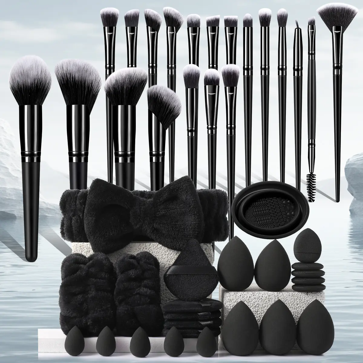 44-Piece Minimalist Matte Black Cruelty-Free Makeup Brush Full Kit - Hypoallergenic Powder & Silicone Tools for Sensitive Skin Adults, Includes Sponges, Finger Puffs, Headband, Wrist Bands, Cleansing-Friendly, Gift for Beginners (Birthdays, Christmas)
