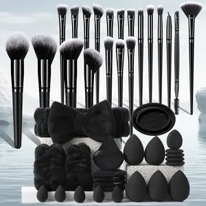 44Pcs Matte Black All In One Makeup Tool Sets,20Pcs Soft Synthetic Makeup Brushes,Multi Size Black Beauty eggs,Finger Triangle Powder Puffs,Silicone Cleaner Bowl,Bow Fleece Headband & Hair Wrist Bands Complete Beginner Cosmetic Kit