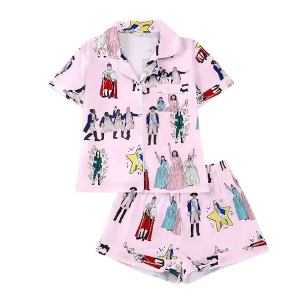 Hamilton Musical Themed Women's Pajama Set, Short Sleeve Shirt Collar Button Soft Top & Elastic Shorts, Casual Home Wear, Print