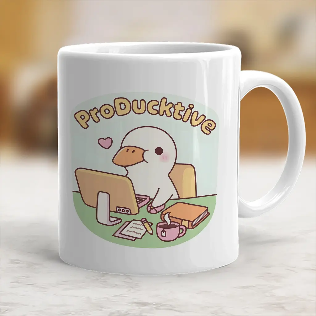 Printed Stylish Ceramic Duck Pun Coffee Mug - Cute Working Duck Design, Productive Themed Kitchenware Drinkware - scs13467
