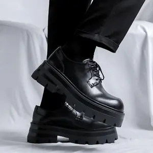 Men's Black Retro Platform Derby Shoes, Classic Round Toe Lace-Up Leather Shoes, Timeless Casual & Semi-Formal Footwear for Versatile Styling