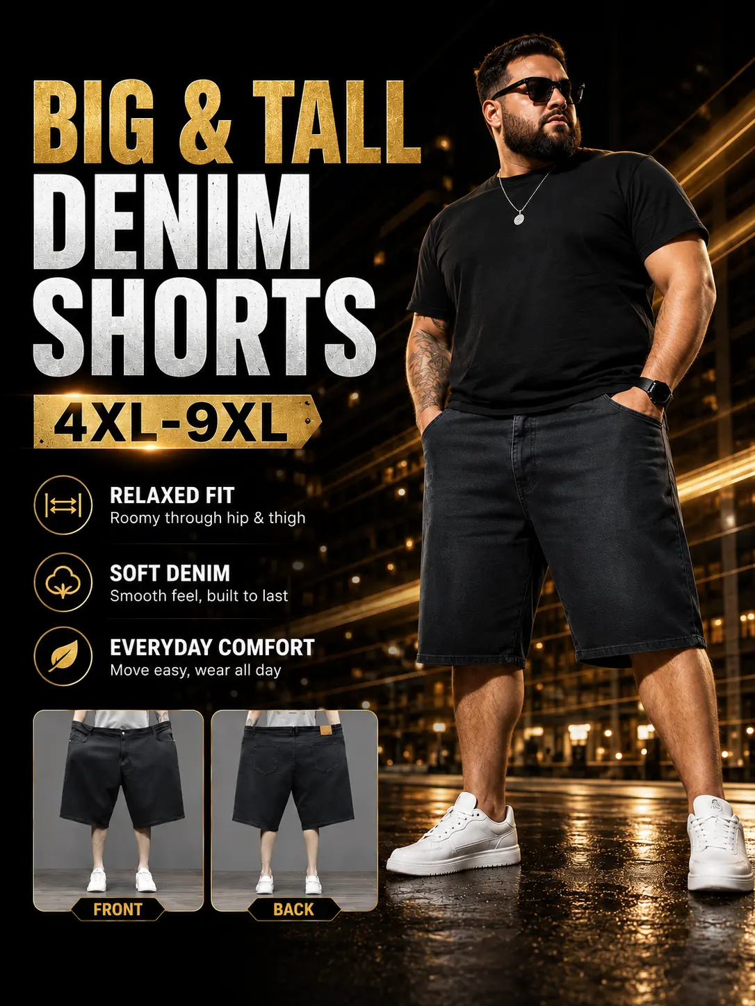 Men's Stretch Loose Black Denim Bottoms - 5-Inch Knee-Length Slimming Shorts, 4XL-9XL Plus Size, Basic Minimalist Plain Design