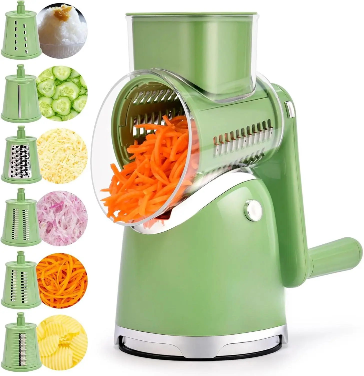 SUSTEAS Rotary Cheese Grater with Handle Vegetable Slicer 6 Interchangeable Blades Reinforced Suction Easy to Clean Kitchen Chopper for Crushed Ice Fruits and Nuts with Blade Storage Case Green